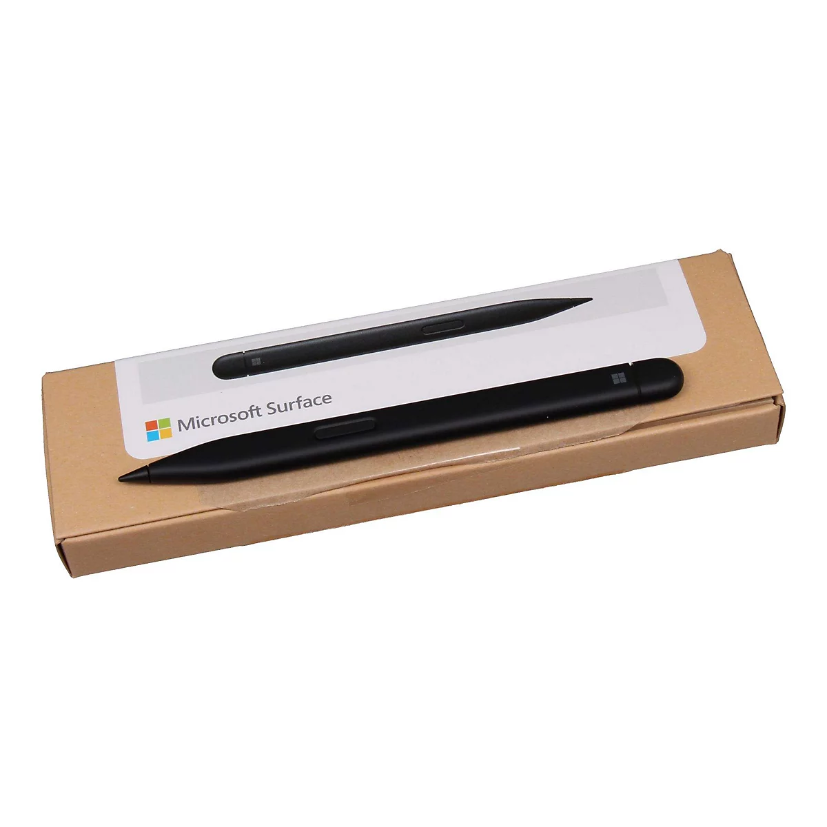 Schwarzer Surface Pen liegt auf einer braunen Schachtel mit der Aufschrift Microsoft Surface.