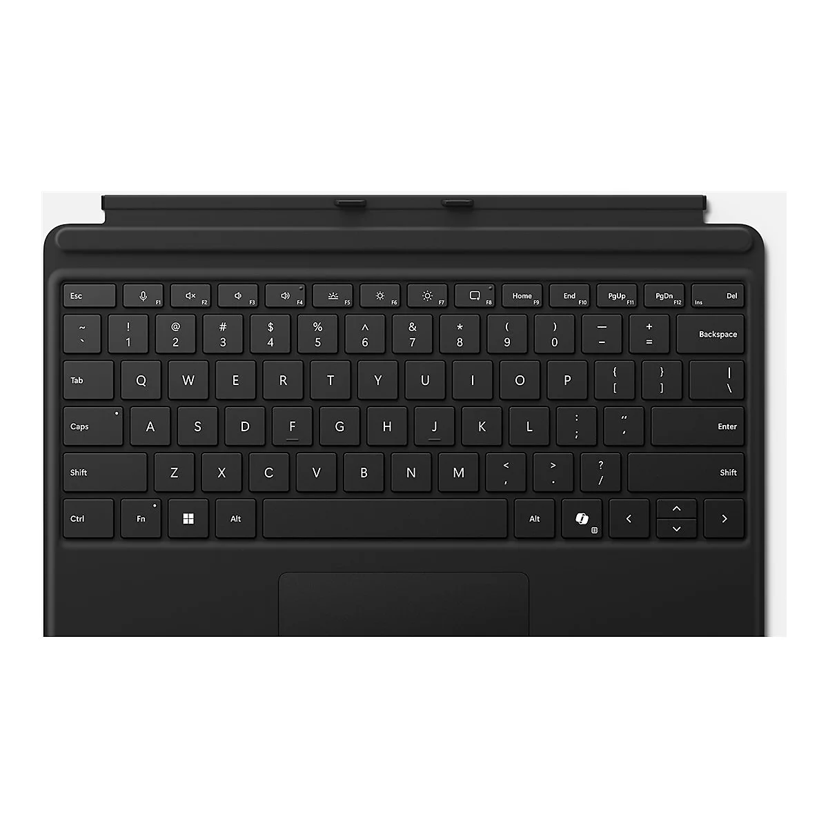 Schwarze Tastatur für Microsoft Surface mit QWERTY-Layout und Touchpad, frontal abgebildet.