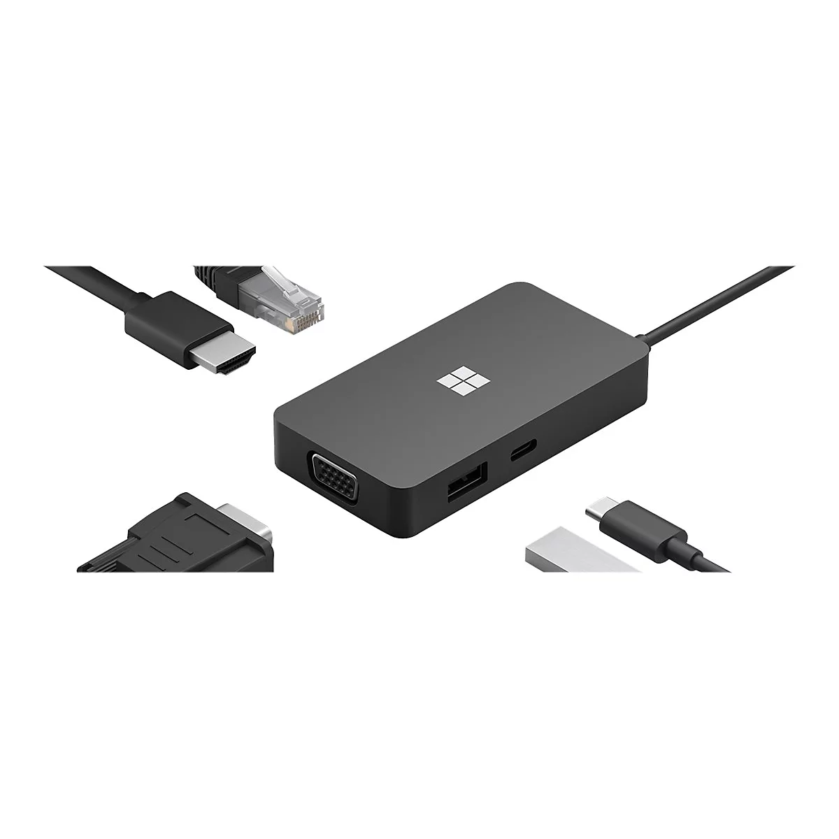 Adaptateur Microsoft gris foncÃ© avec divers cÃ¢bles de connexion : HDMI, USB-C, VGA et Ethernet.