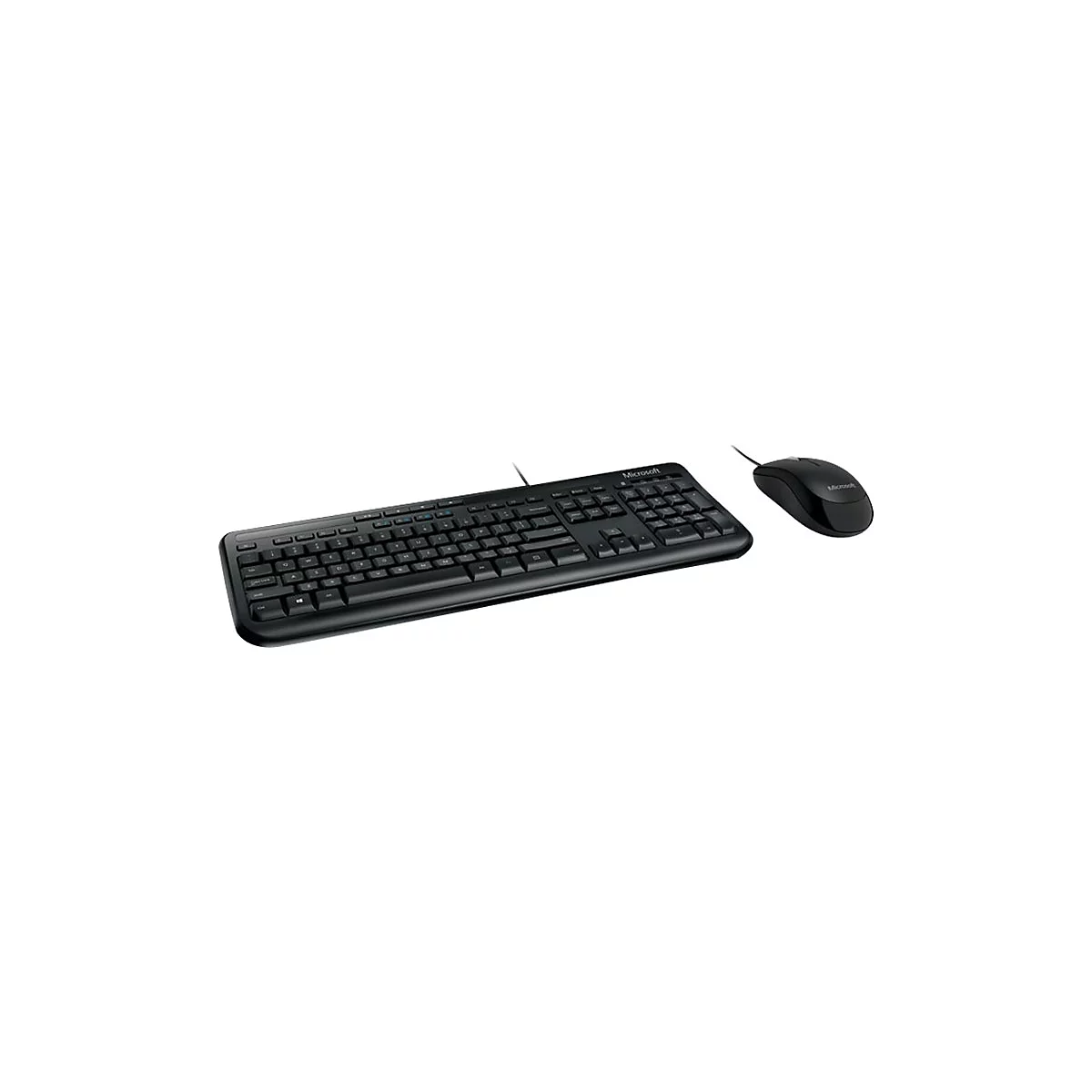 Ensemble clavier souris Microsoft noir. Clavier avec câble, souris à côté.