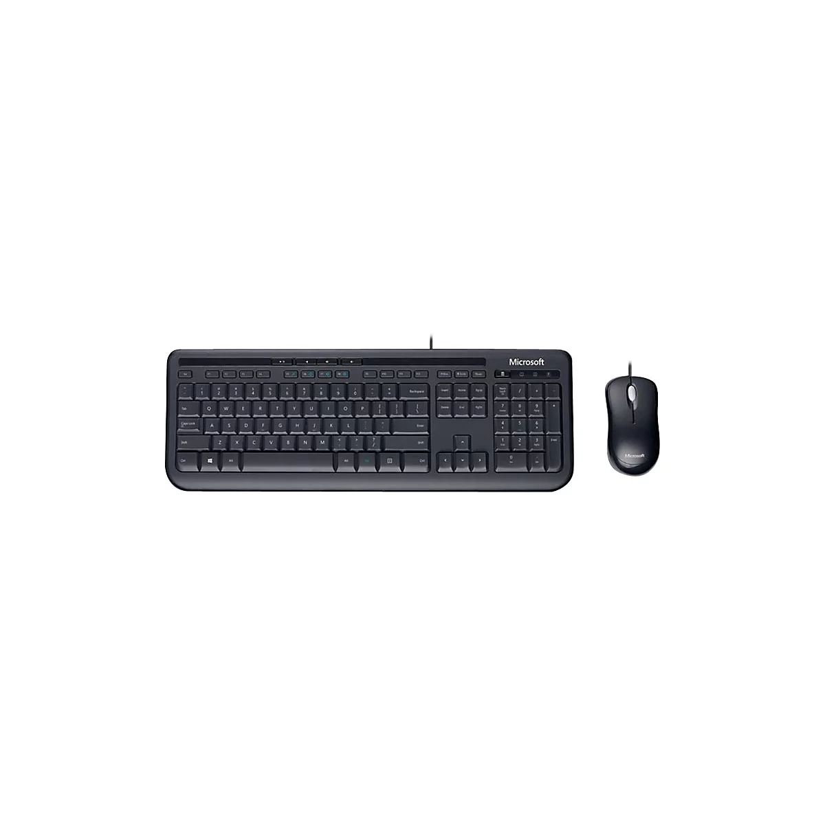Ensemble clavier et souris Microsoft noirs, vue de dessus.
