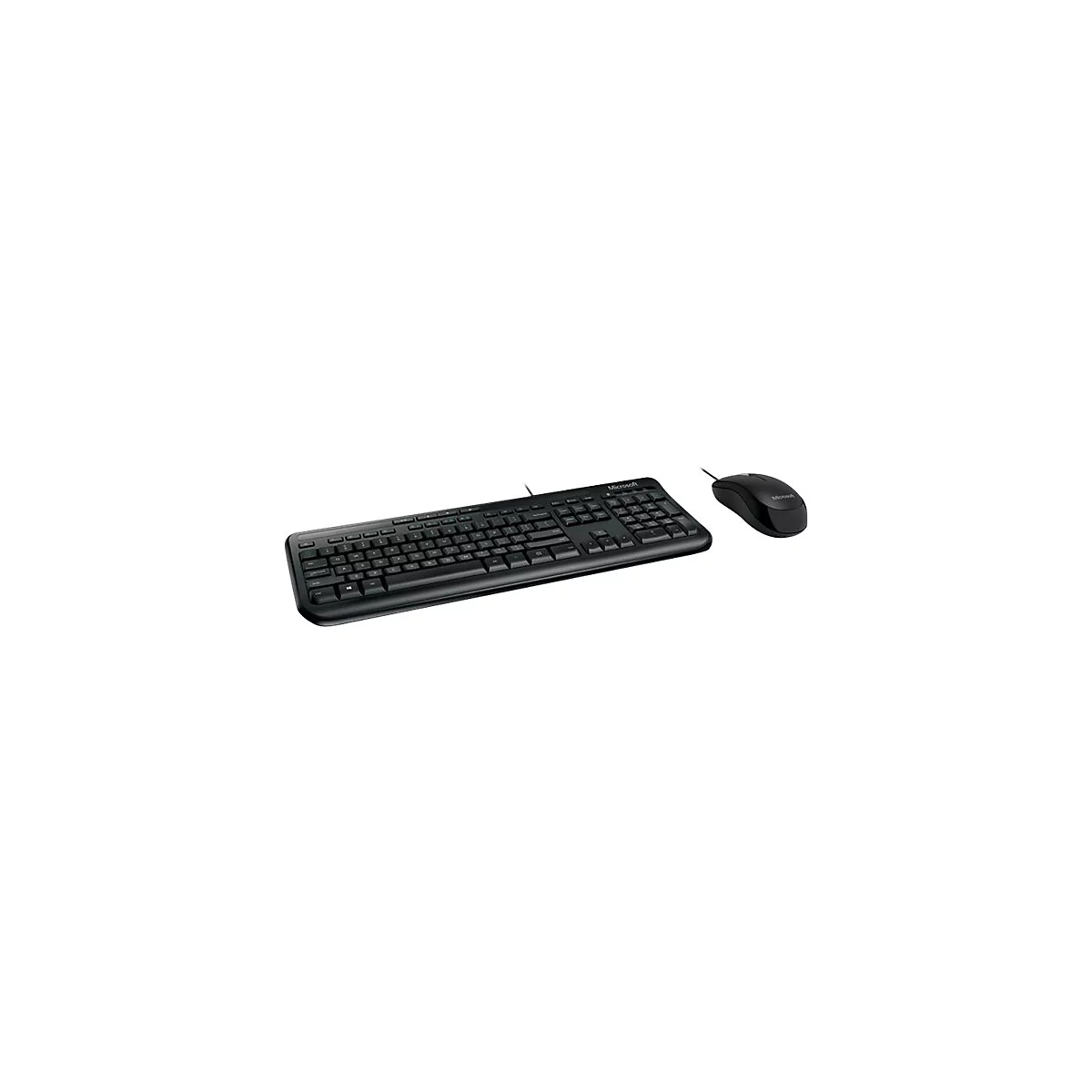 Clavier et souris noirs Microsoft sur fond blanc. Le clavier est filaire, la souris est noire.