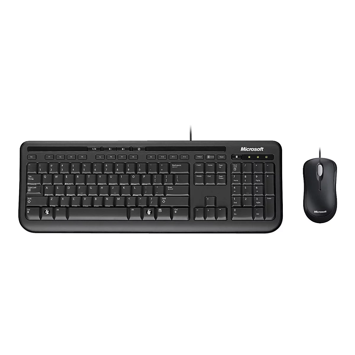 Schwarze Microsoft Tastatur und Maus. Die Tastatur hat eine Standard-QWERTZ-Anordnung, die Maus zwei Tasten.
