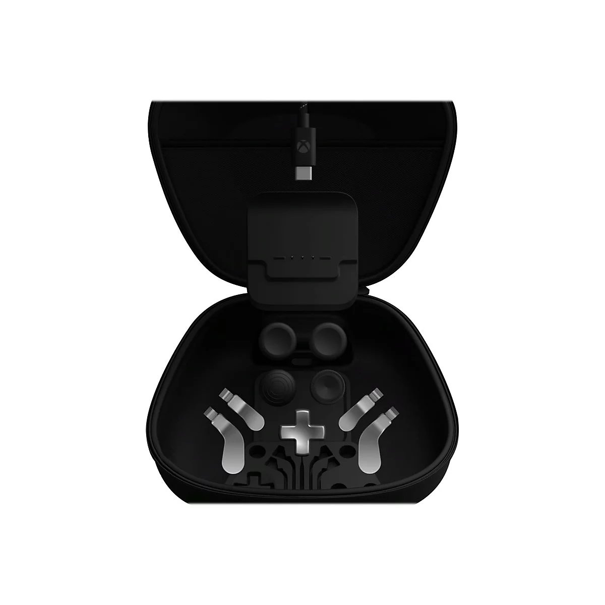 Schwarzes Xbox Controller-Etui mit silbernen austauschbaren Joysticks und Steuerungstasten.