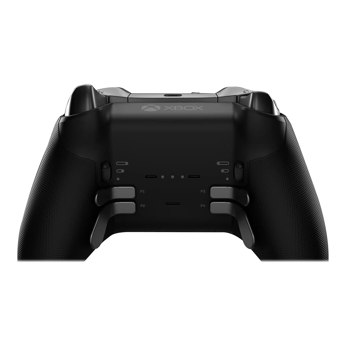 Schwarzer Xbox Elite Controller, Rückansicht. Details: Buttons, Xbox Logo, sowie die P1-P4 Bezeichnung.