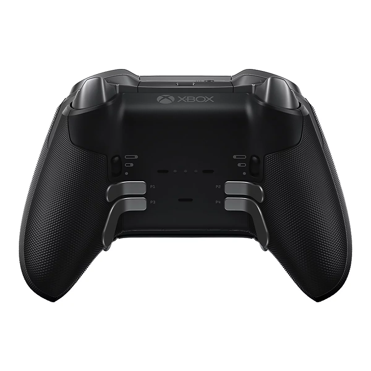 Schwarzer Xbox Elite Wireless Controller Series 2 von hinten. Oberhalb steht 'XBOX'. Unterhalb der Griffe sind P1-P4 Knöpfe.