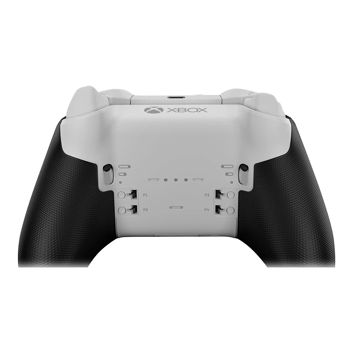 Arrière d'une manette Xbox Elite Series 2 blanche avec des poignées et des boutons noirs.