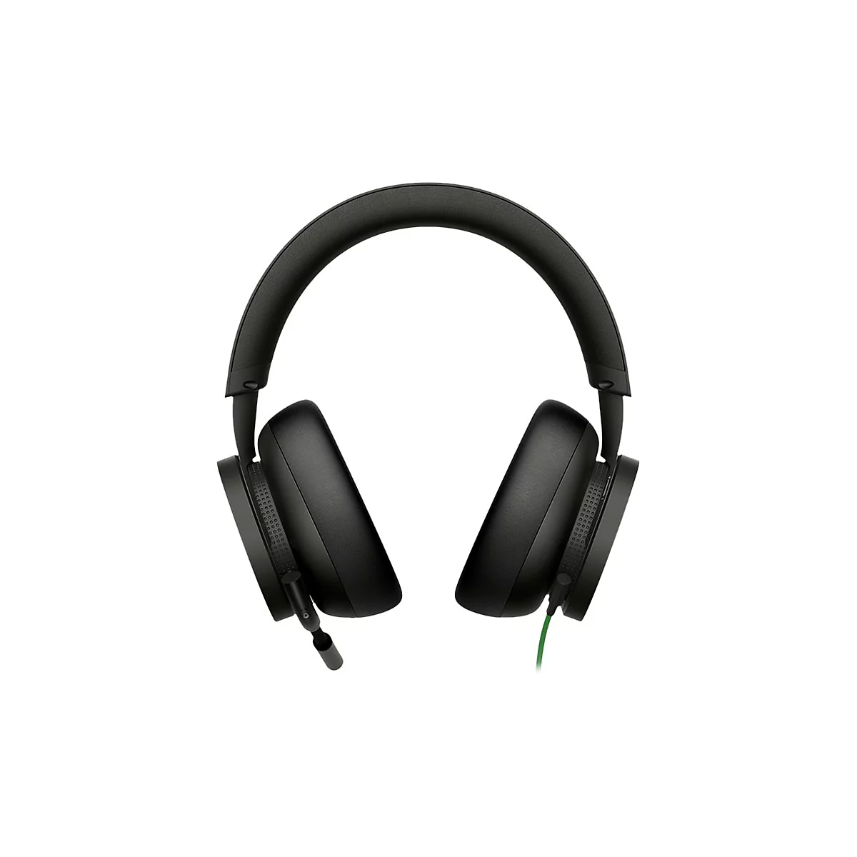 Casque noir avec un microphone sur fond blanc. Le câble vert est partiellement visible.