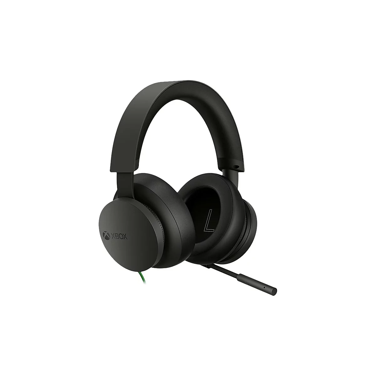 Casque de jeu Xbox noir avec microphone sur fond blanc.