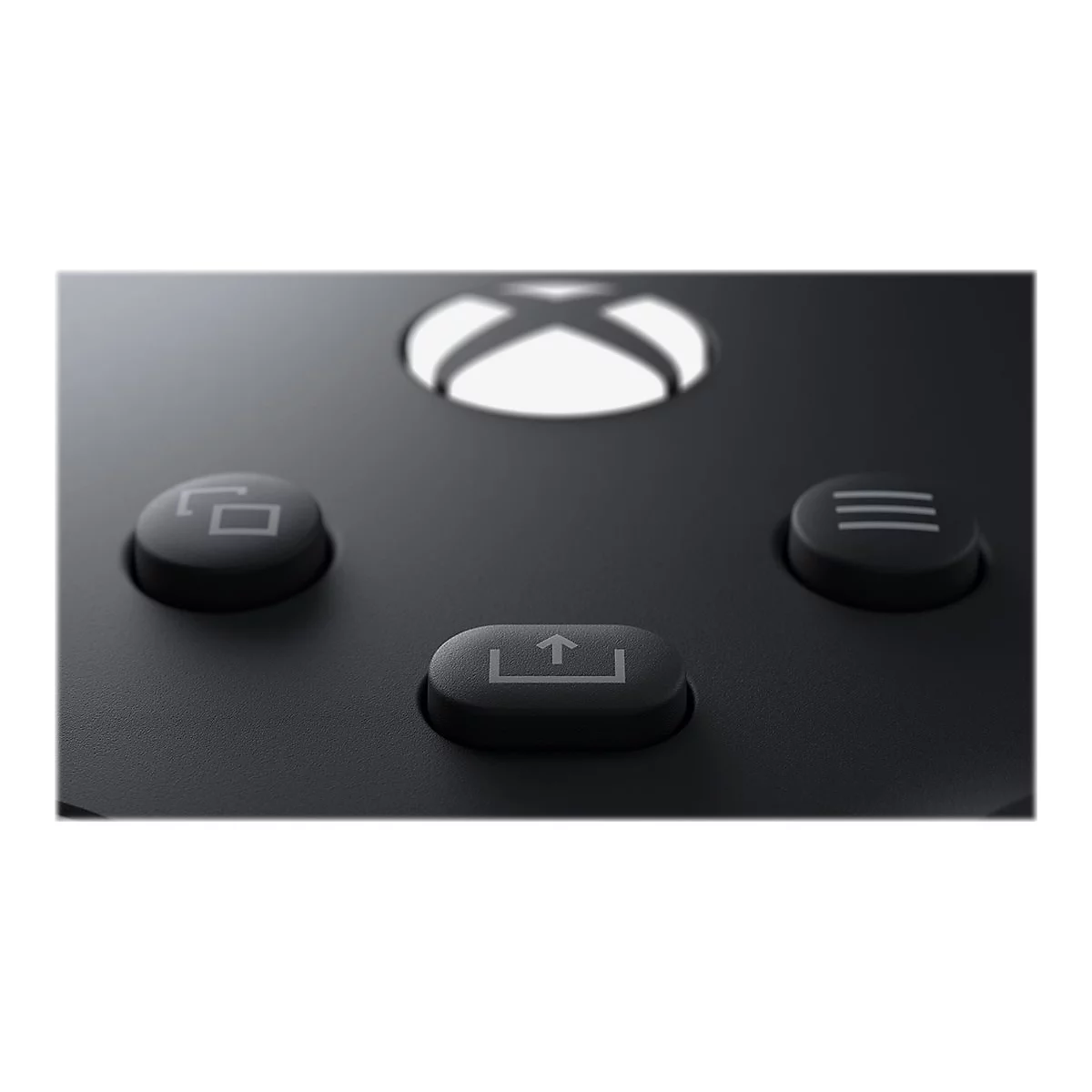Gros plan sur une manette Xbox noire. Boutons avec des icônes comme une flèche vers le haut, un carré avec une ligne et trois lignes horizontales.