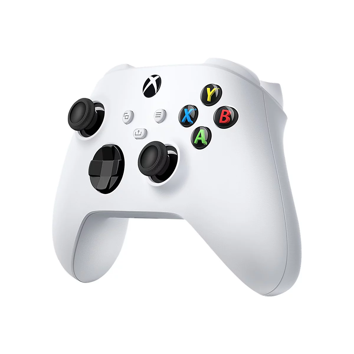 Manette Xbox blanche sur fond blanc. Avec des joysticks noirs, des boutons d'action colorés et le logo Xbox.