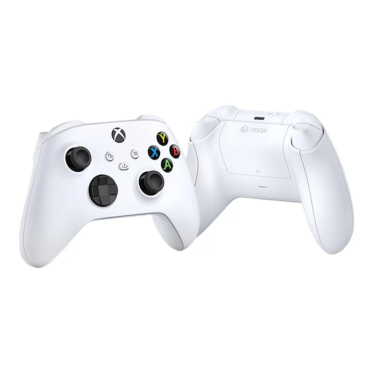 Deux manettes Xbox blanches, une de face, une de dos. Devant : boutons, croix directionnelle, logo. Derrière : logo Xbox.