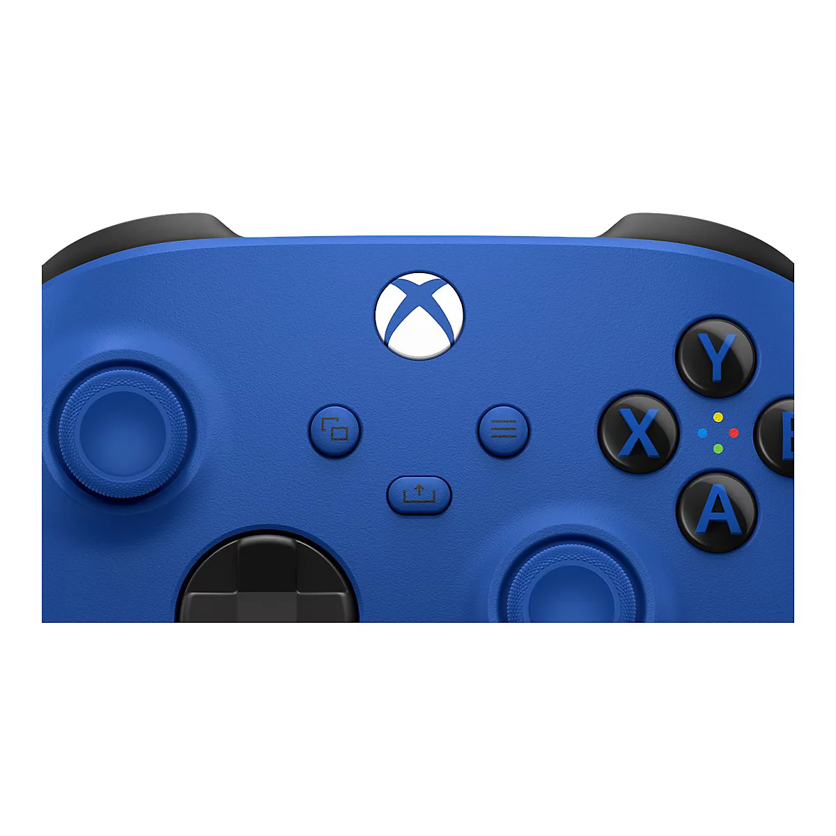 Gros plan sur une manette Xbox bleue. Montre les boutons, les joysticks et le logo Xbox blanc.