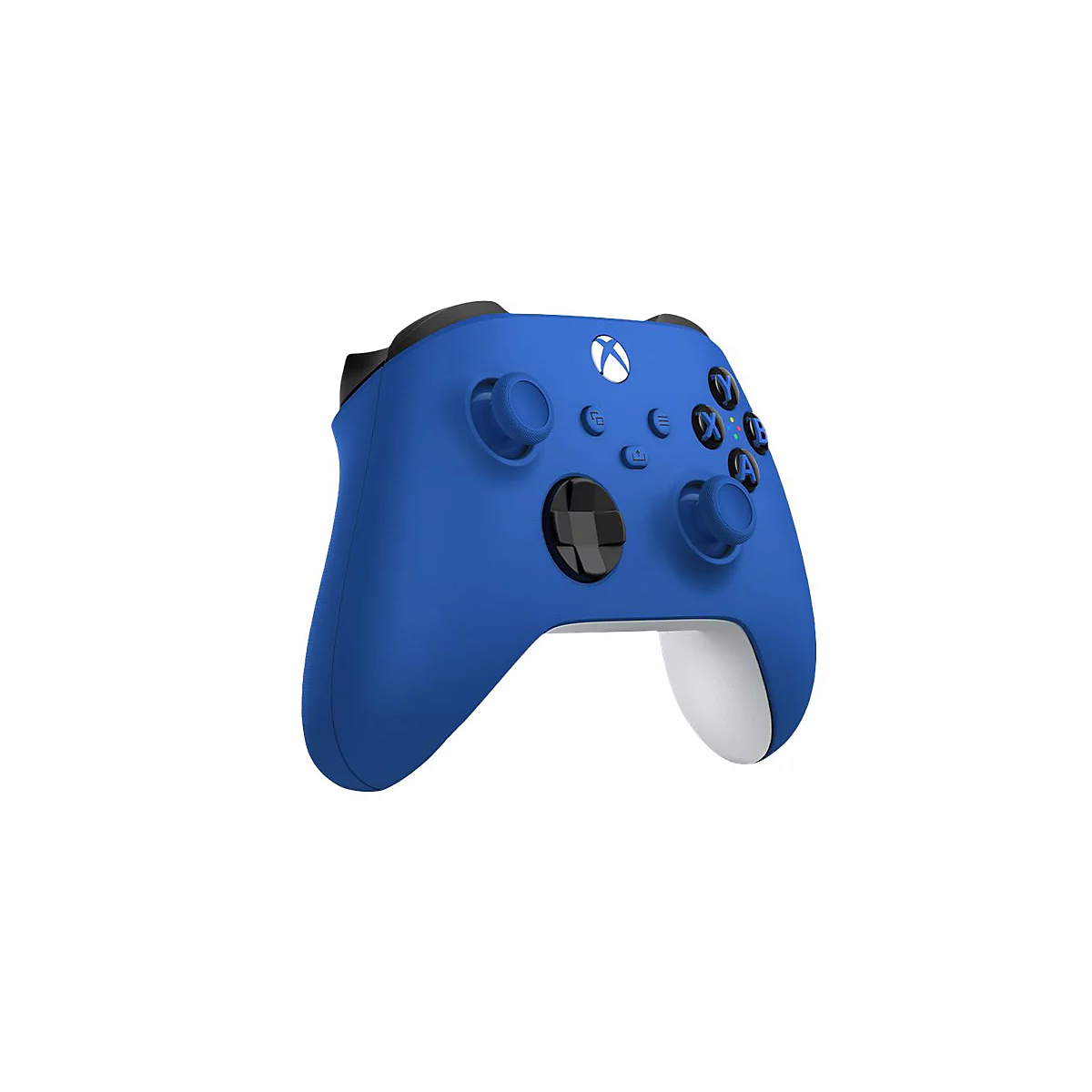 Manette Xbox bleue. Logo blanc et boutons gris. Cavité noire pour la main.