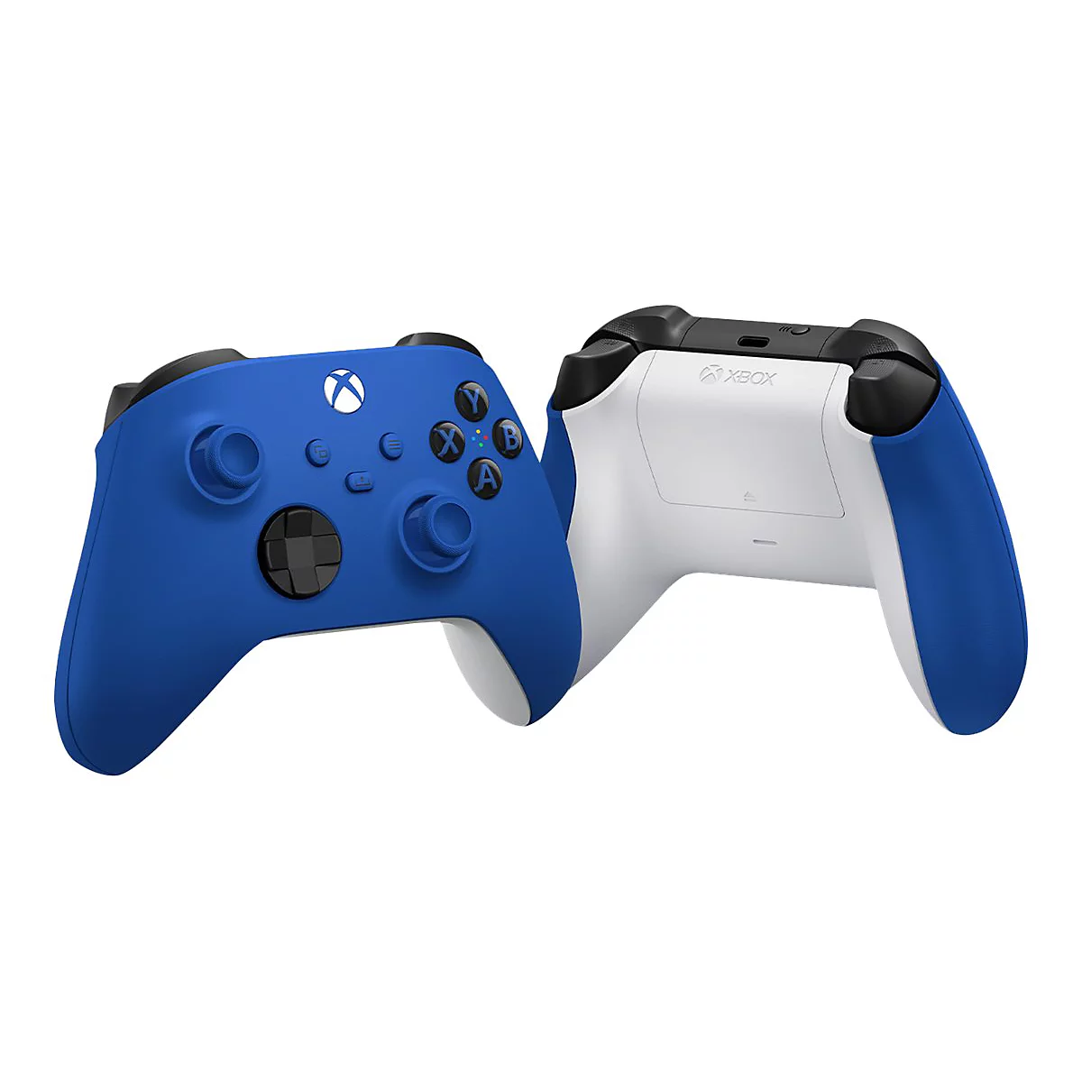 Manette Xbox bleue, avant et arrière. Boutons, joysticks, logo blanc. Arrière avec compartiment à piles.