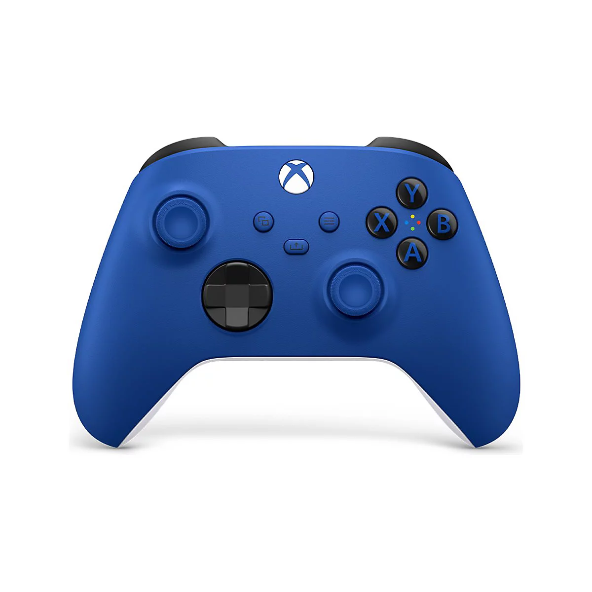 Manette Xbox bleue. Croix, boutons, joysticks analogiques et logo Xbox. Logo Xbox noir et blanc au centre.