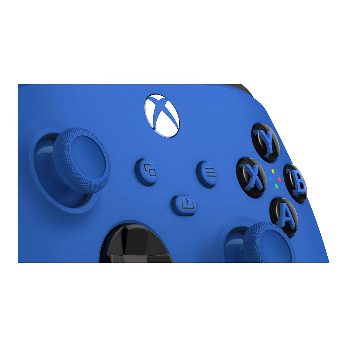 Gros plan d'une manette Xbox bleue. Les boutons et les joysticks sont clairement visibles.