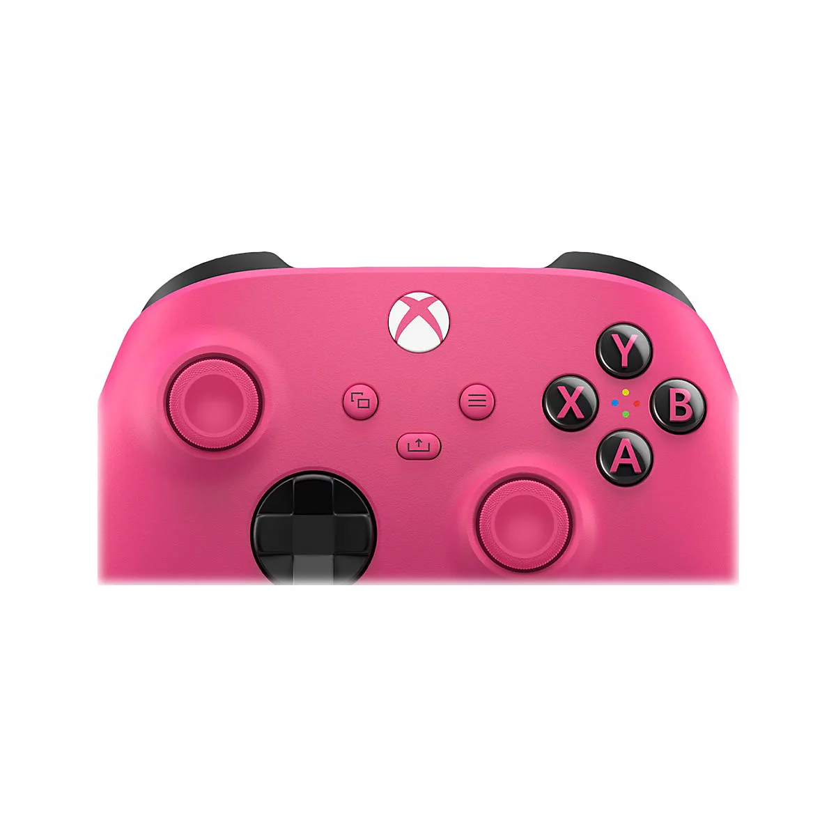 Ein rosa Xbox-Controller, Nahaufnahme. Schwarze Knöpfe: Y, X, B, A, Steuerkreuz und Analogsticks. Weißes Xbox-Logo.