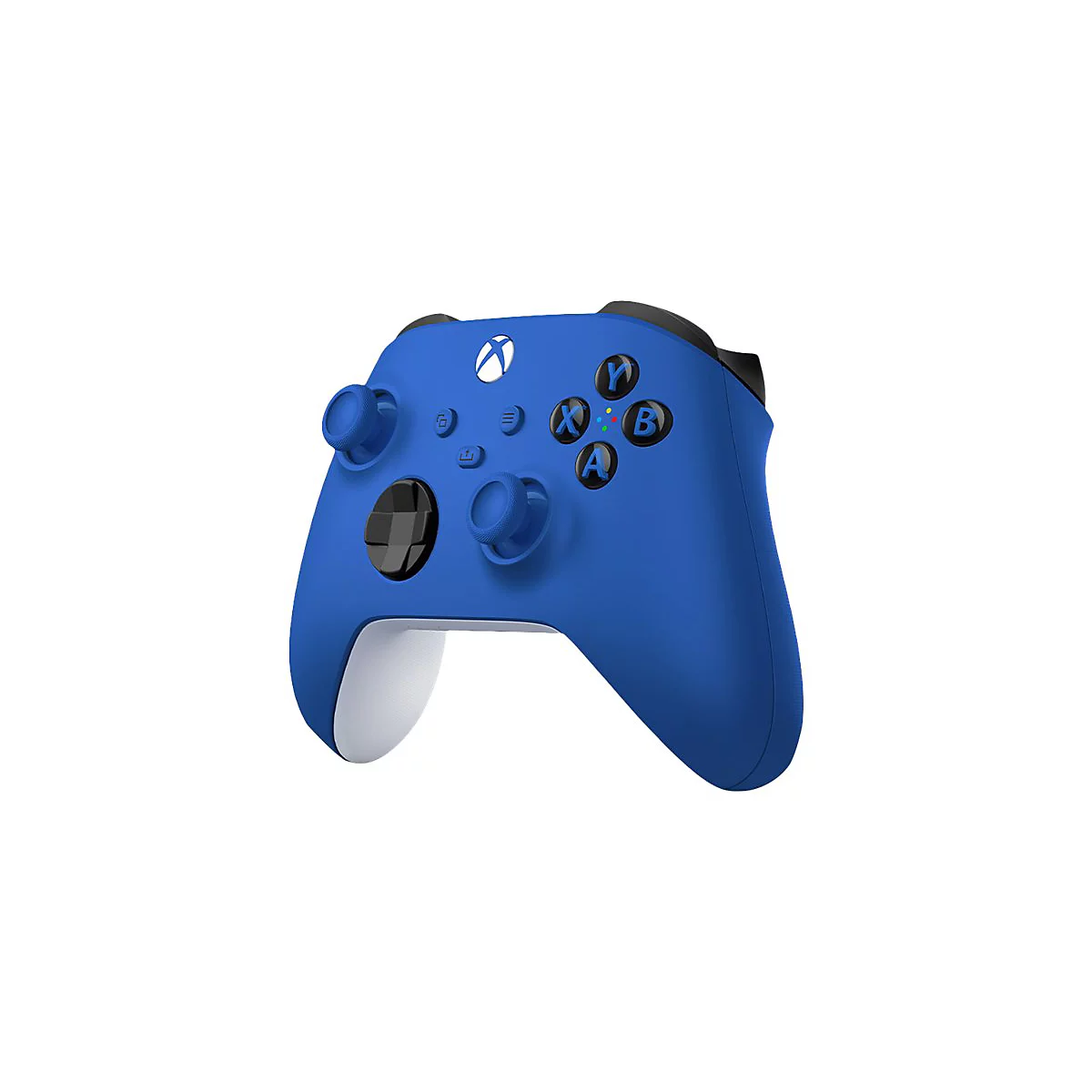 Blauer Xbox-Controller. Die Tasten sind mit Buchstaben und Symbolen markiert. Weiße Griffe. XBox-Logo.