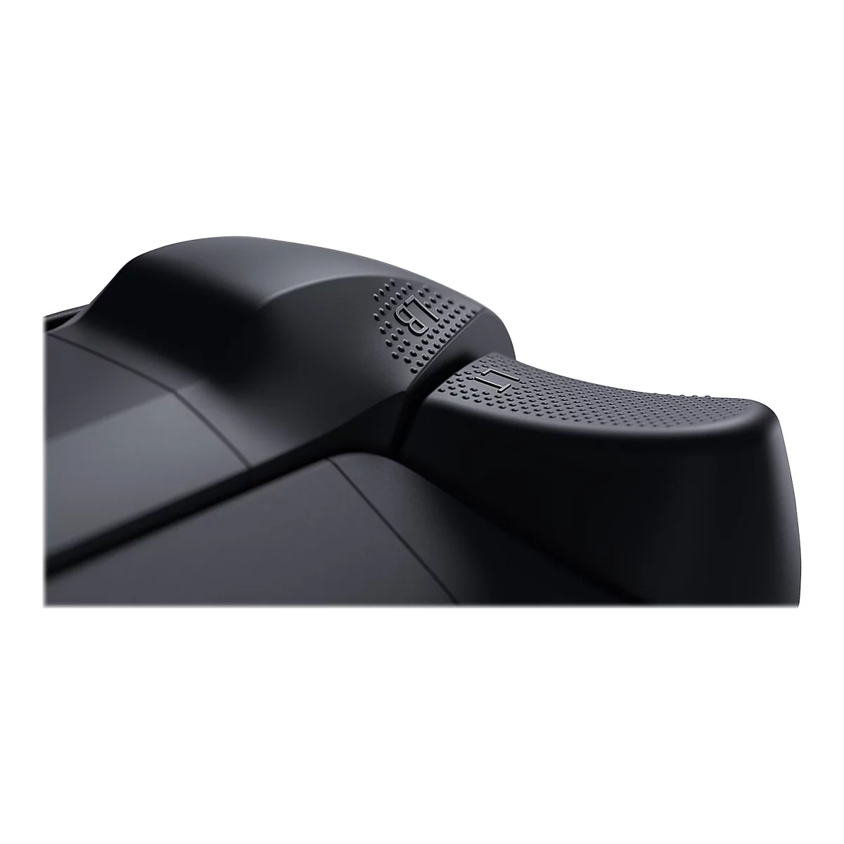 Nahaufnahme eines schwarzen Gamecontrollers: Schultertaste und Trigger mit feiner Texturierung. LB-Schriftzug.