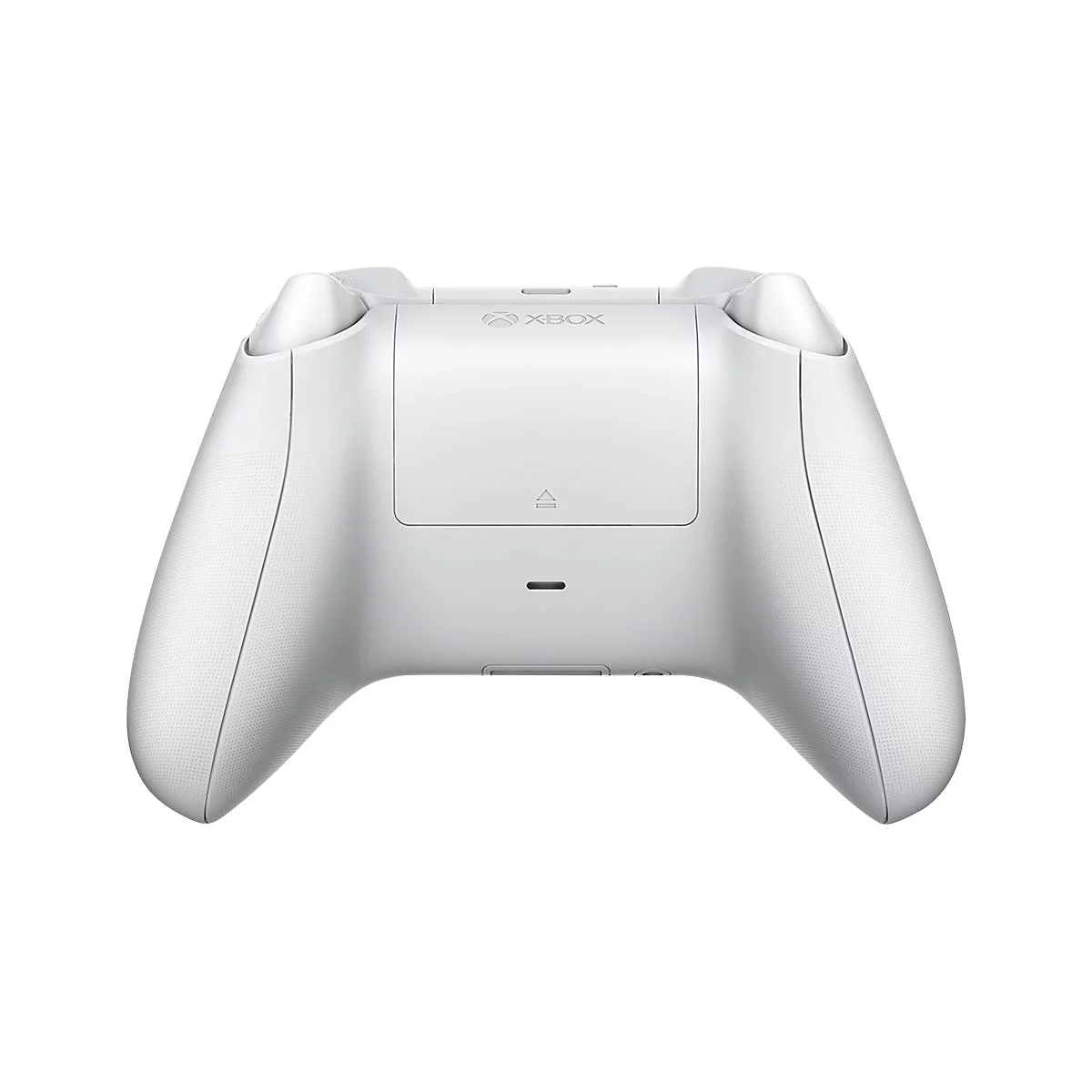 Rückseite eines weißen Xbox Wireless Controllers vor weißem Hintergrund.