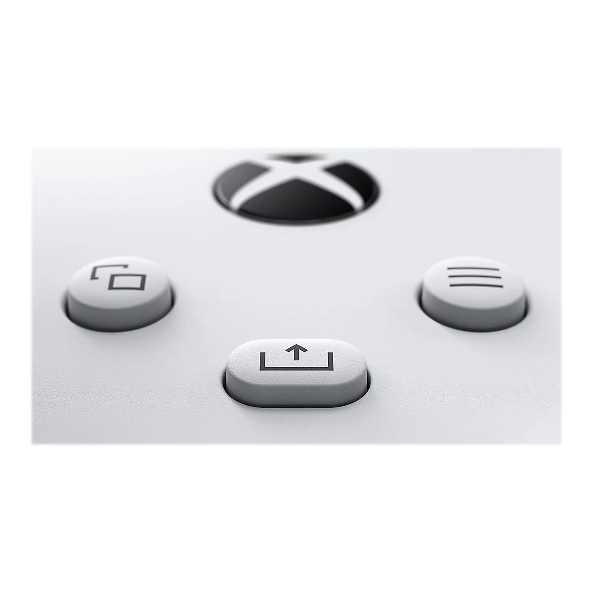 Nahaufnahme der Tasten eines weißen Xbox-Controllers mit Share-, Menü- und Ansicht-Taste.