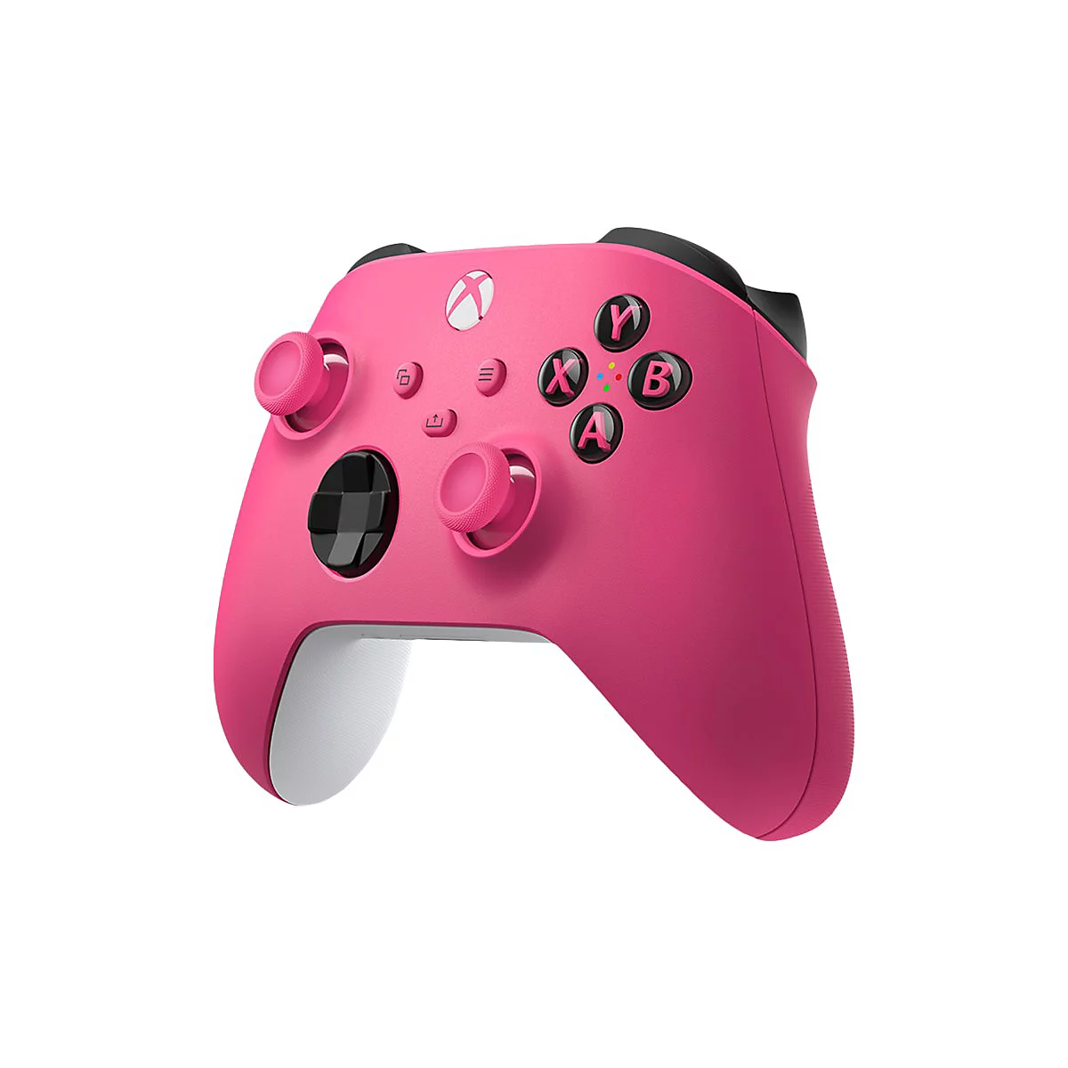 Ein pinkfarbener Xbox-Controller, Tasten mit Buchstaben und Symbolen, schwarze D-Pad und Joysticks.