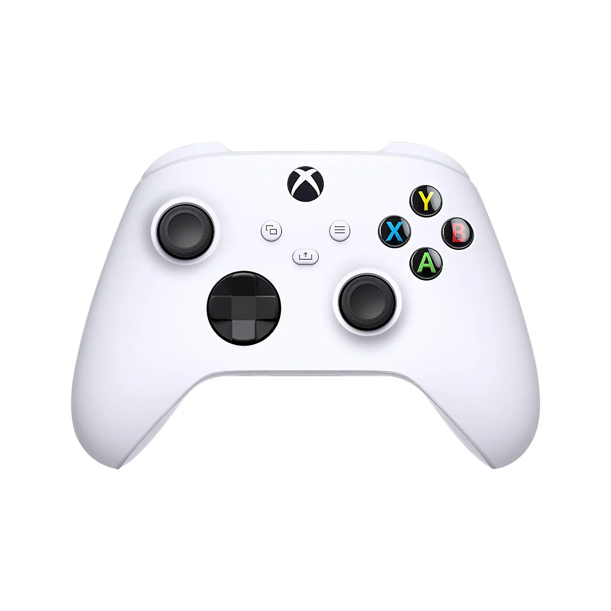 Weißer Xbox-Controller vor weißem Hintergrund mit farbigen Tasten und zwei Analog-Sticks.