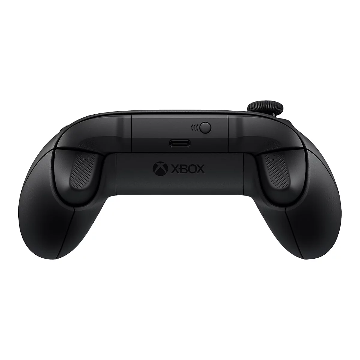 Schwarzer Xbox Controller. Oben: Tasten und Anschluss. Unten: Griffe. XBOX Logo.