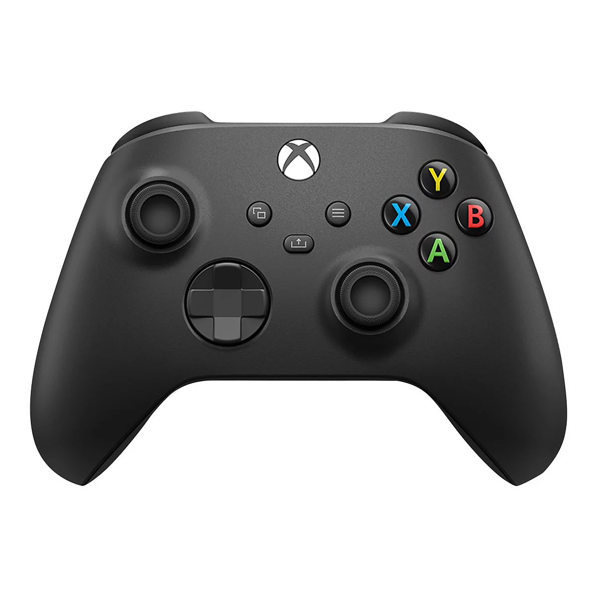 Schwarzer Xbox-Controller mit farbigen Knöpfen: X, Y, B und A. In der Mitte befindet sich das Xbox-Logo.