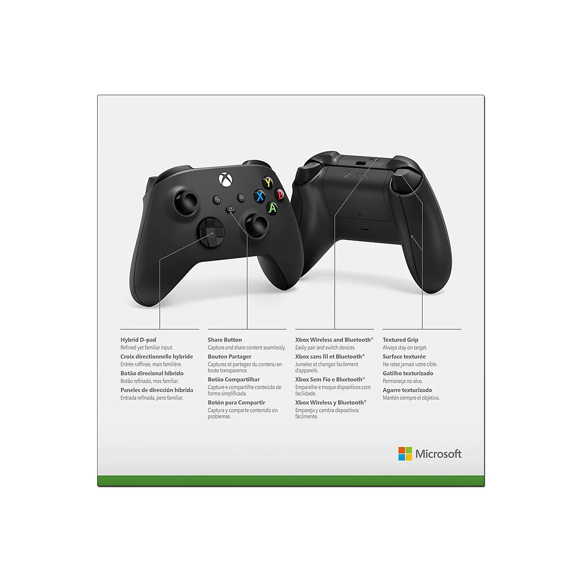 Zwei schwarze Xbox-Controller vor weißem Hintergrund. Der rechte Controller zeigt die Rückseite, der linke die Vorderseite.