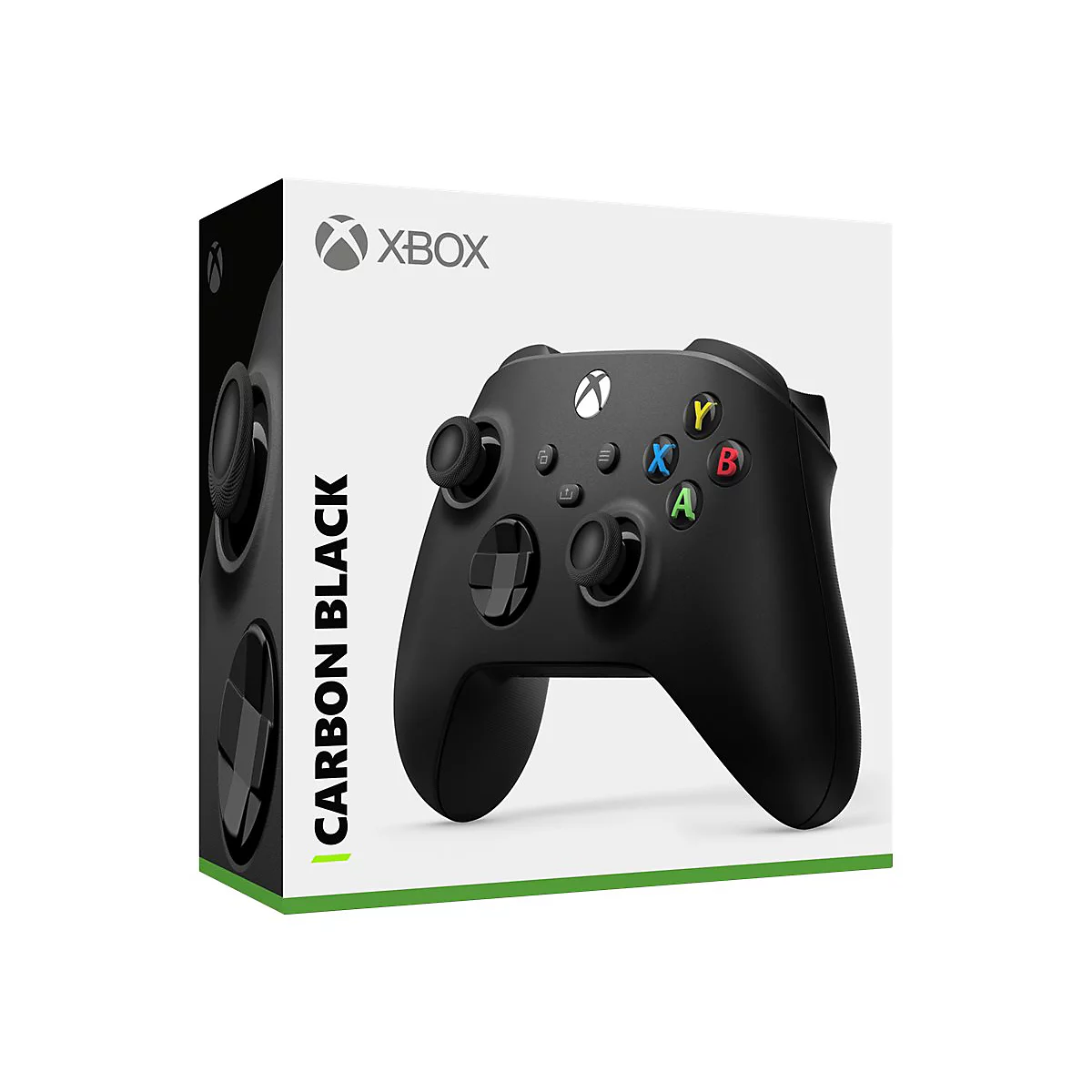 Schwarzer Xbox-Controller in seiner Verpackung mit "CARBON BLACK"-Aufdruck. Das Logo "XBOX" oben rechts.