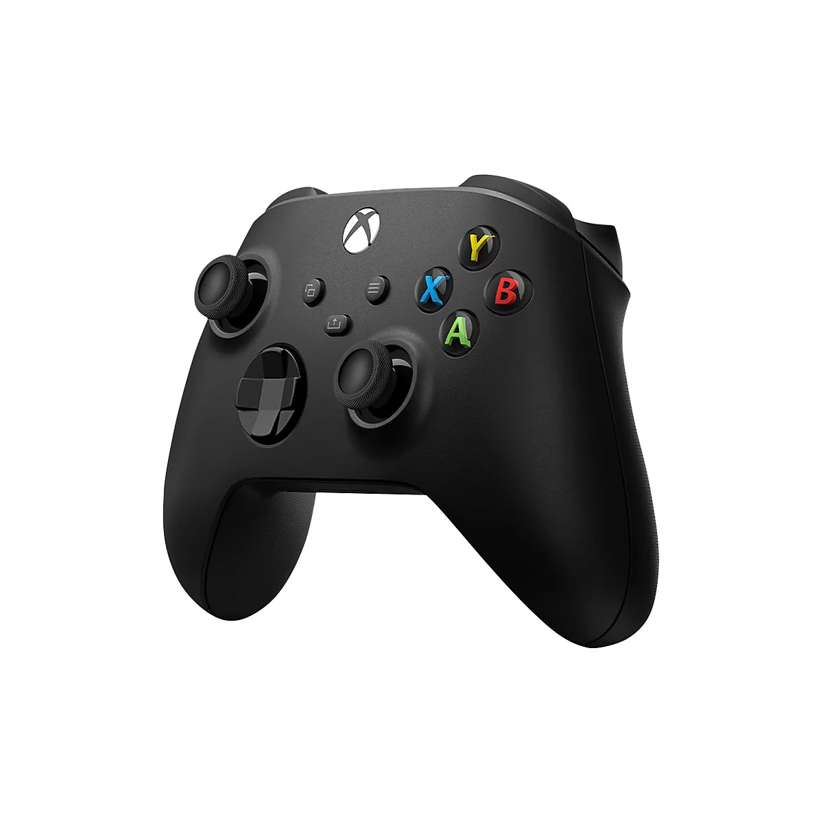 Schwarzer Xbox-Controller, Knöpfe A, B, X, Y in Farben, zwei Joysticks, Steuerkreuz, Xbox-Logo.