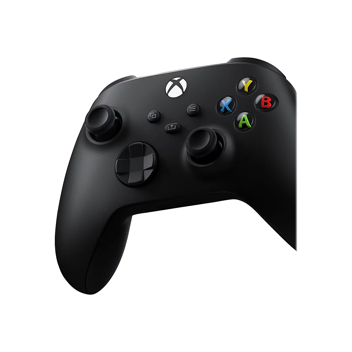 Schwarzer Xbox-Controller auf weißem Hintergrund. Er hat farbige Knöpfe, zwei Analog-Sticks und ein Steuerkreuz.