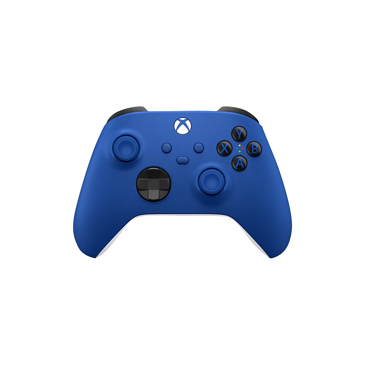 Manette Xbox bleue avec boutons noirs et logo Xbox blanc.