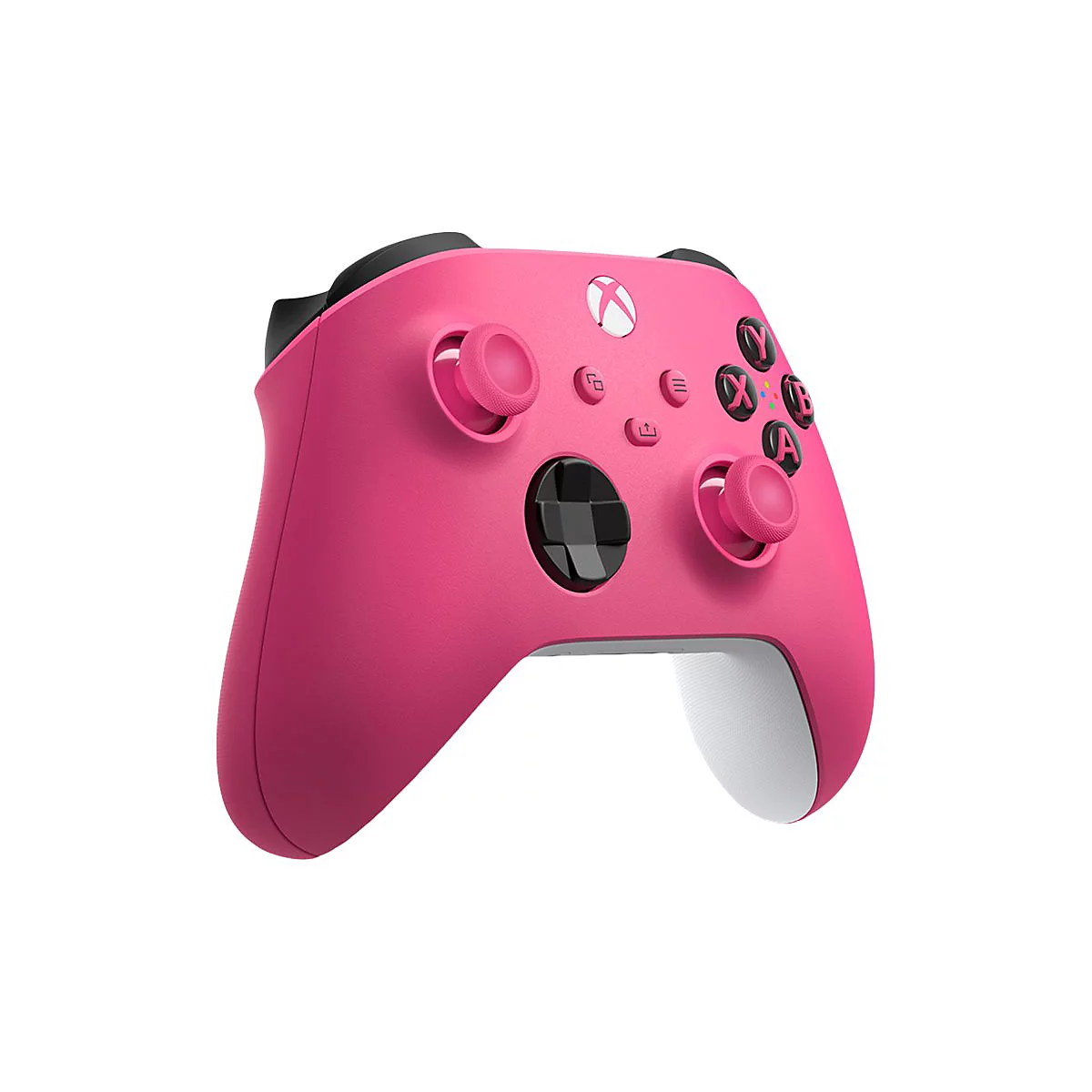 Une manette Xbox rose, prise d'un léger angle latéral. Elle comporte des détails noirs et des accents blancs.