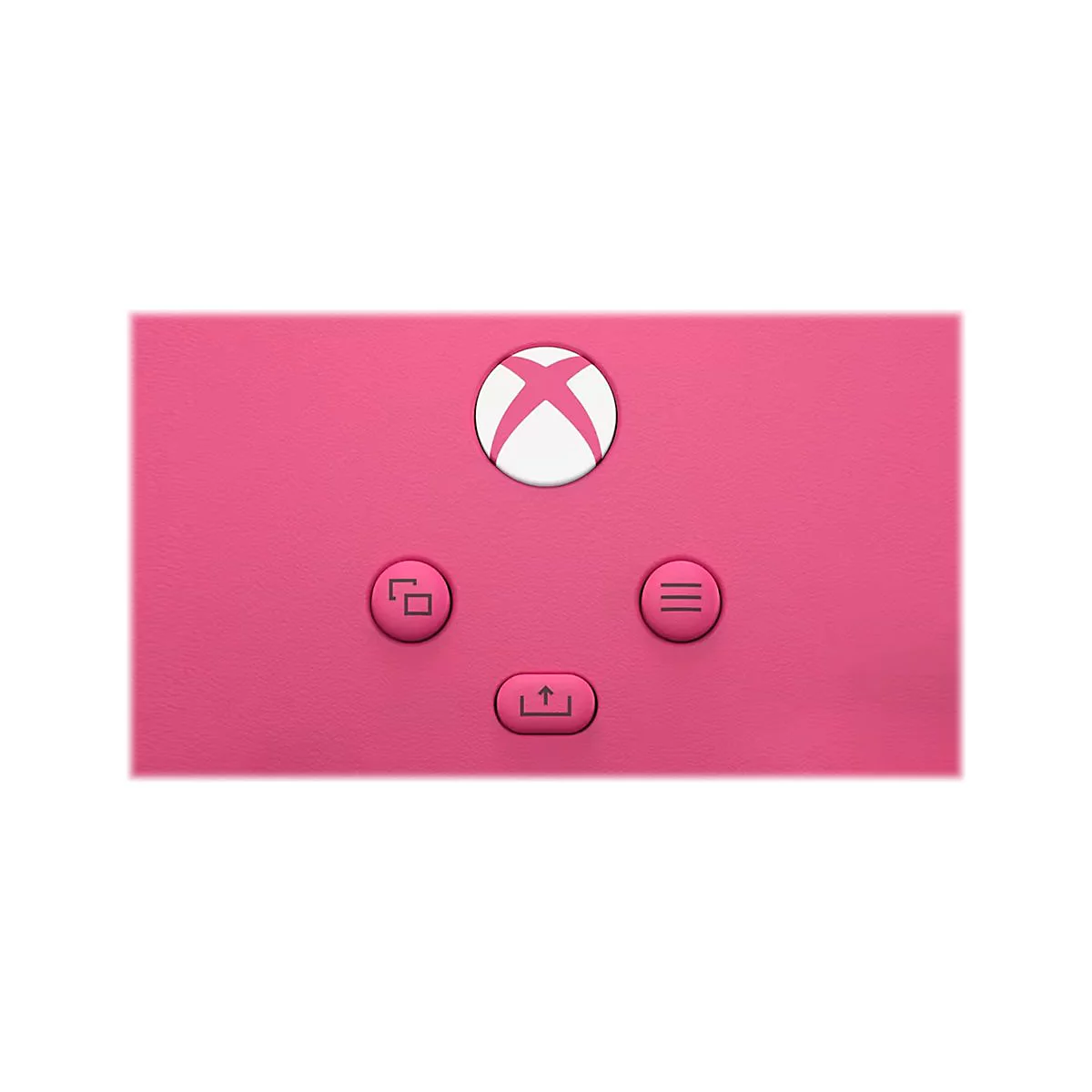 Gros plan sur une manette Xbox rose avec logos et boutons.
