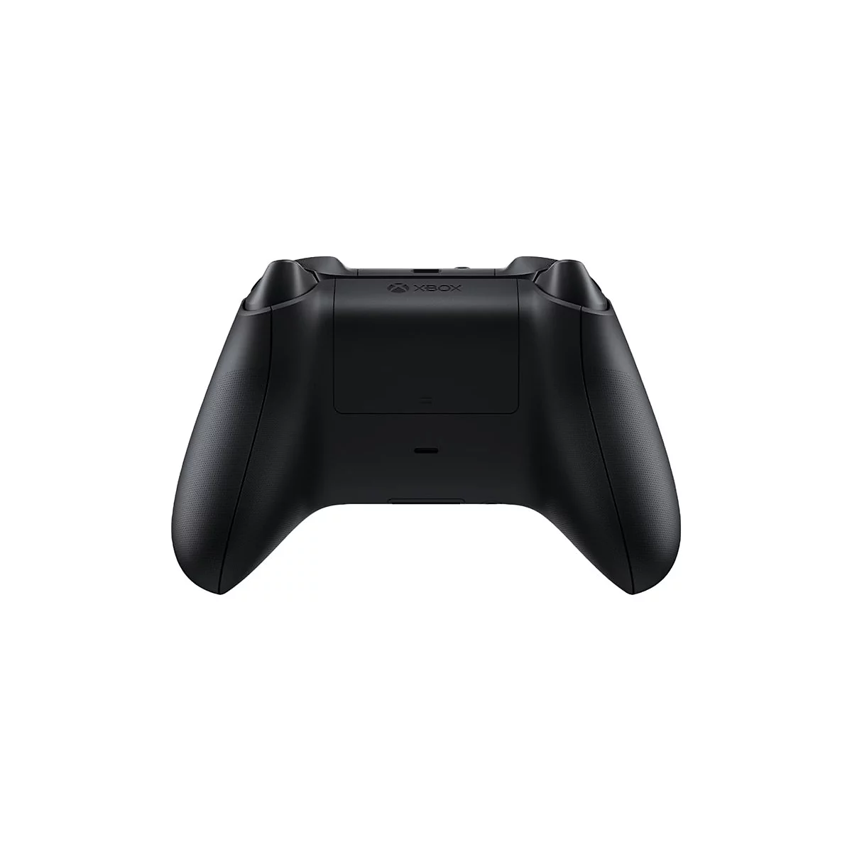 Manette Xbox noire, vue arrière. Xbox est visible au-dessus du couvercle de la batterie.
