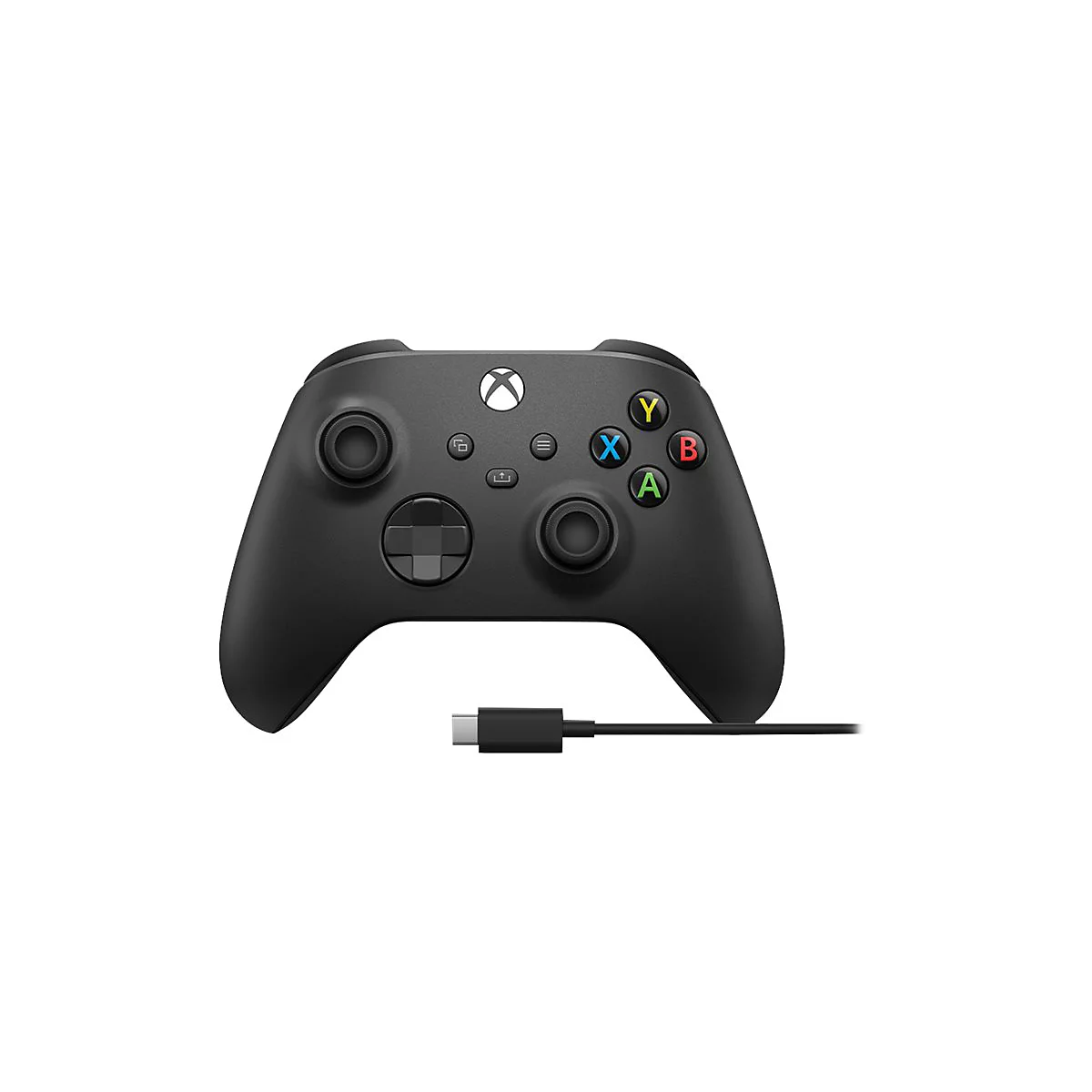 Schwarzer Xbox-Controller mit USB-C-Kabel. Auf der Oberseite befinden sich Tasten, das D-Pad und das Xbox-Logo.
