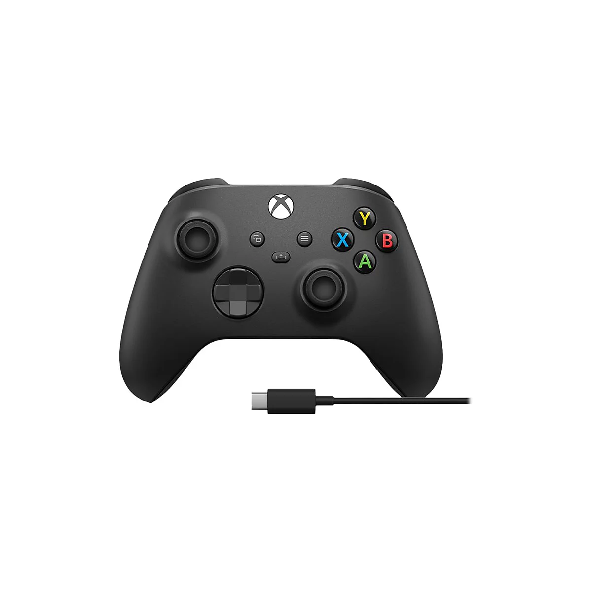 Schwarzer Xbox-Controller mit bunten Knöpfen und USB-C-Kabel. Das Xbox-Logo befindet sich oben.