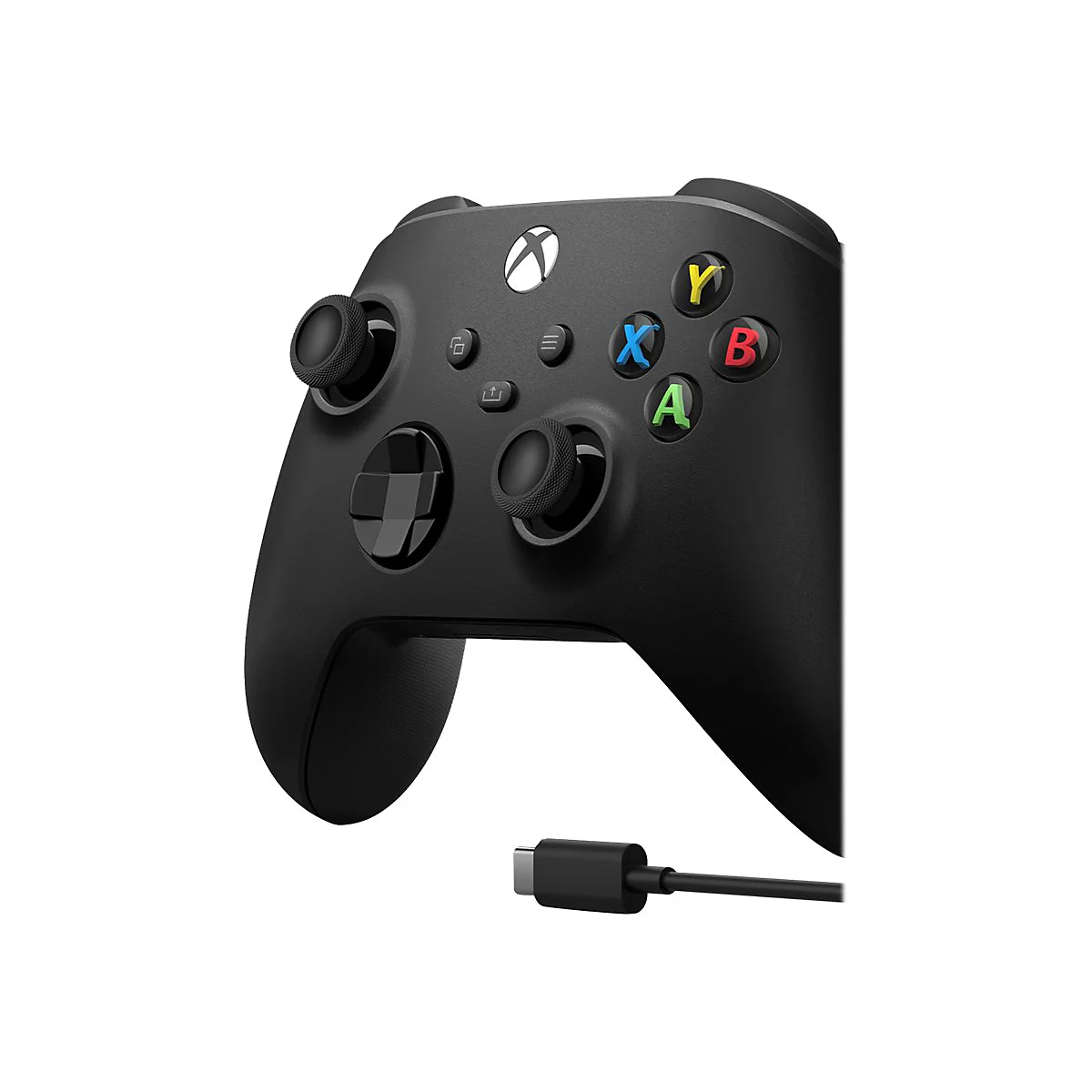 Manette Xbox noire avec boutons colorés et câble USB-C. Les boutons sont verts, bleus, rouges et jaunes.