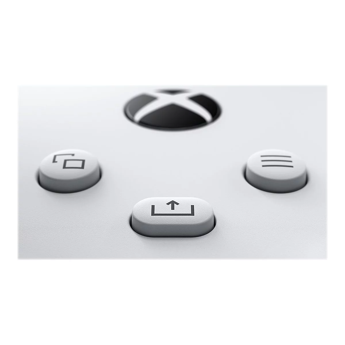 Gros plan sur les boutons blancs de la manette Xbox. Logo en haut, en dessous les boutons avec des symboles : écran, menu et flèche vers le haut.