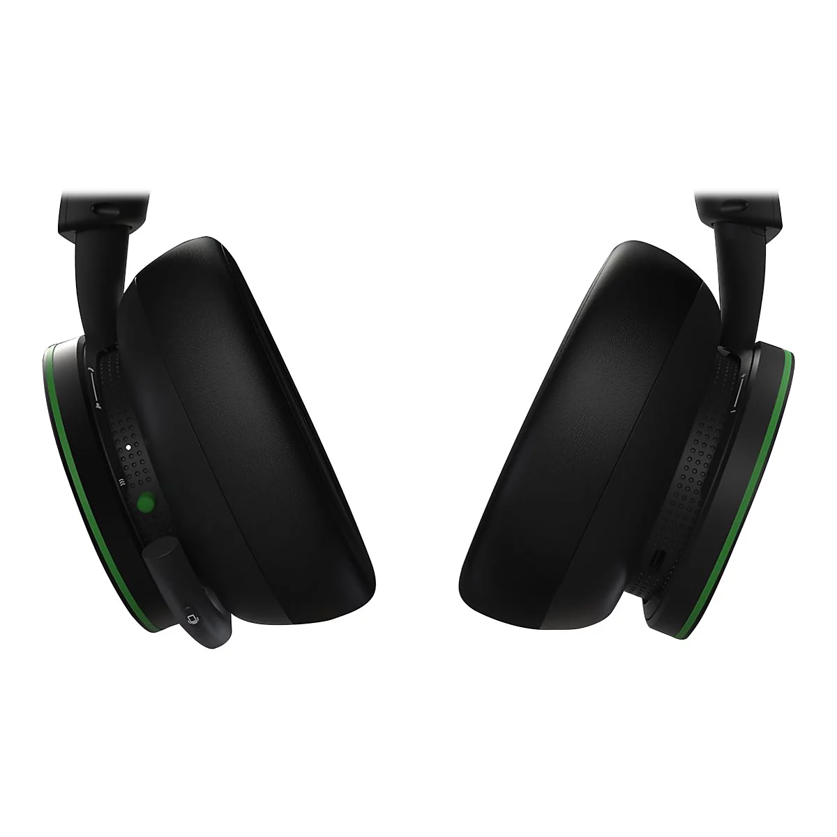 Deux écouteurs noirs avec des accents verts, présentés de côté.