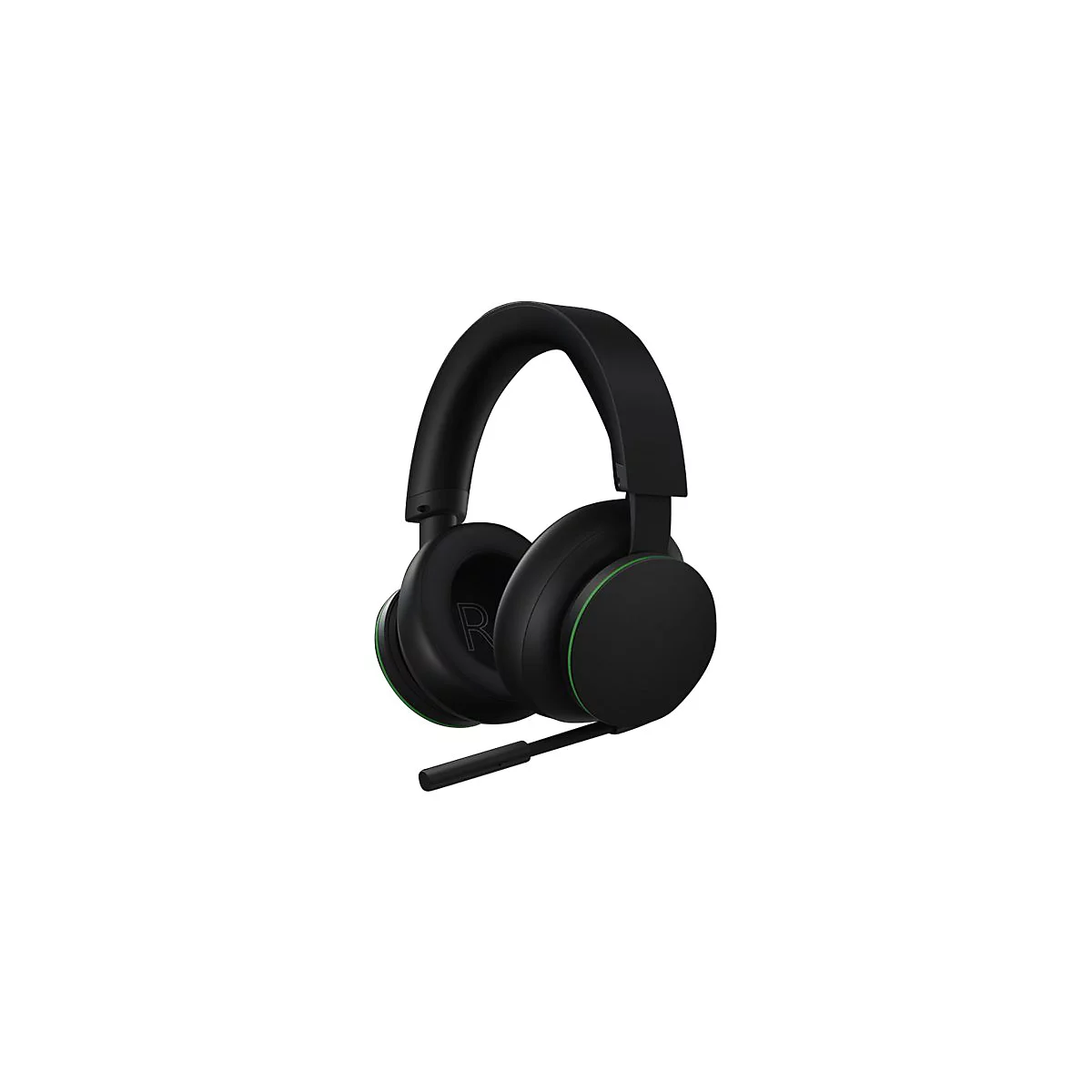 Casque de jeu noir avec des accents verts, un microphone et le logo Xbox. Le casque est en lévitation sur un fond blanc.