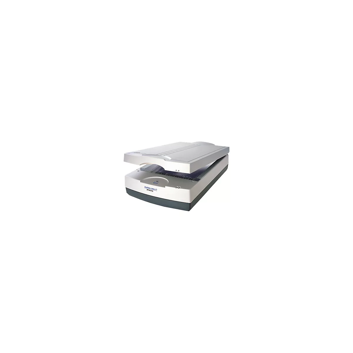 Großformat-Scanner Microtek ScanMaker 1000XL Plus in Weiß und Grau mit leicht geöffnetem Deckel.