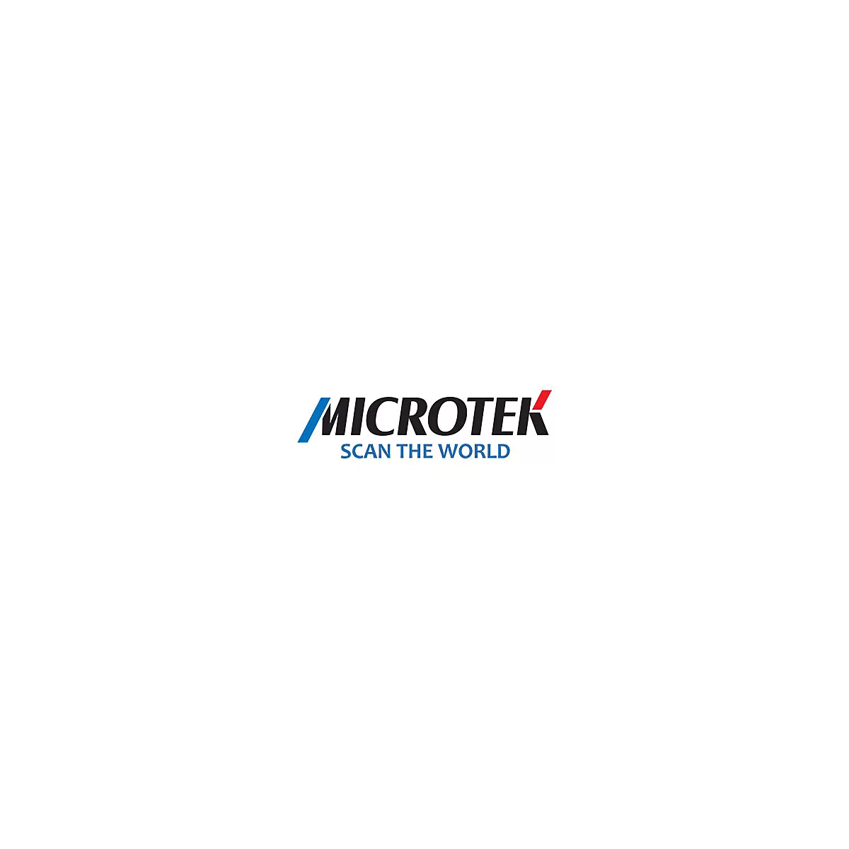 Das Firmenlogo von Microtek mit dem Slogan Scan the World in blauer Schrift unter dem Markennamen.