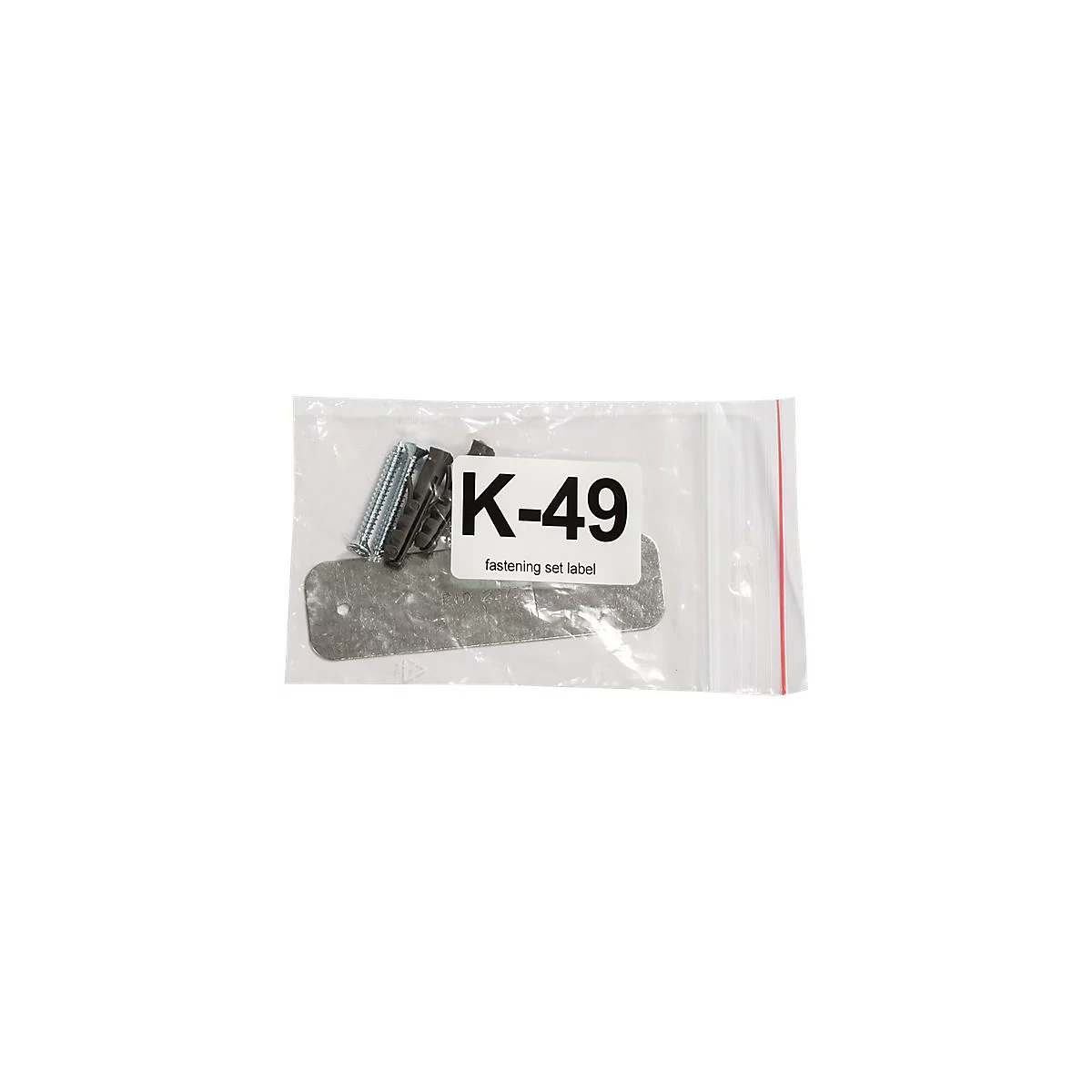 Plastiktüte mit Schrauben, Dübeln und Metallplatte. Aufkleber mit "K-49 fastening set label".