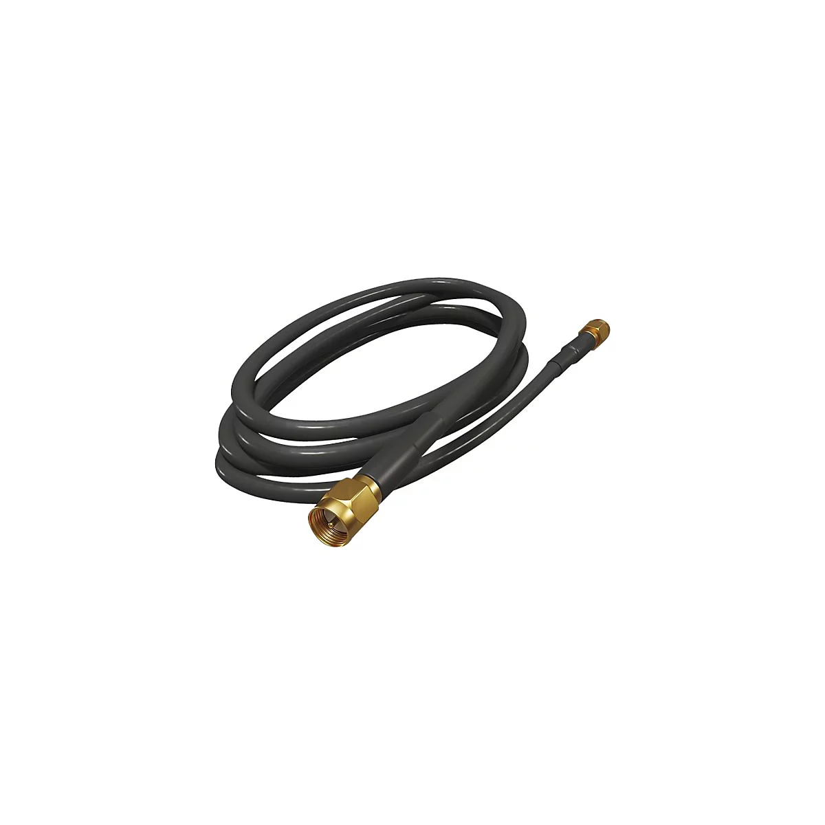 Graues Kabel mit goldfarbenen Anschlüssen, auf weißem Hintergrund.