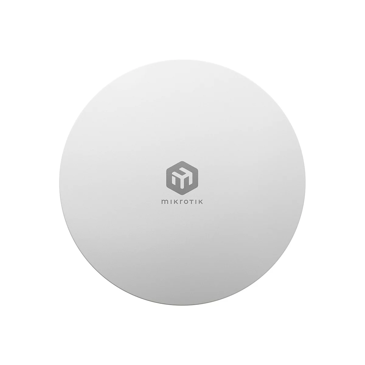 Runder, weißer MikroTik-WLAN-Zugangspunkt mit grauem Logo in der Mitte.