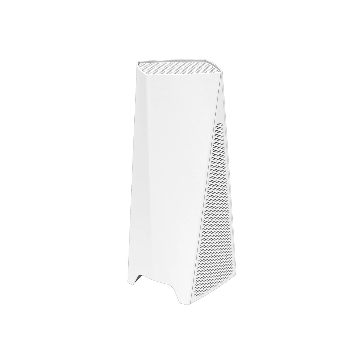 Ein weißes, schlankes Modem auf weißem Hintergrund. Oben und an der Seite sind Lüftungsöffnungen.